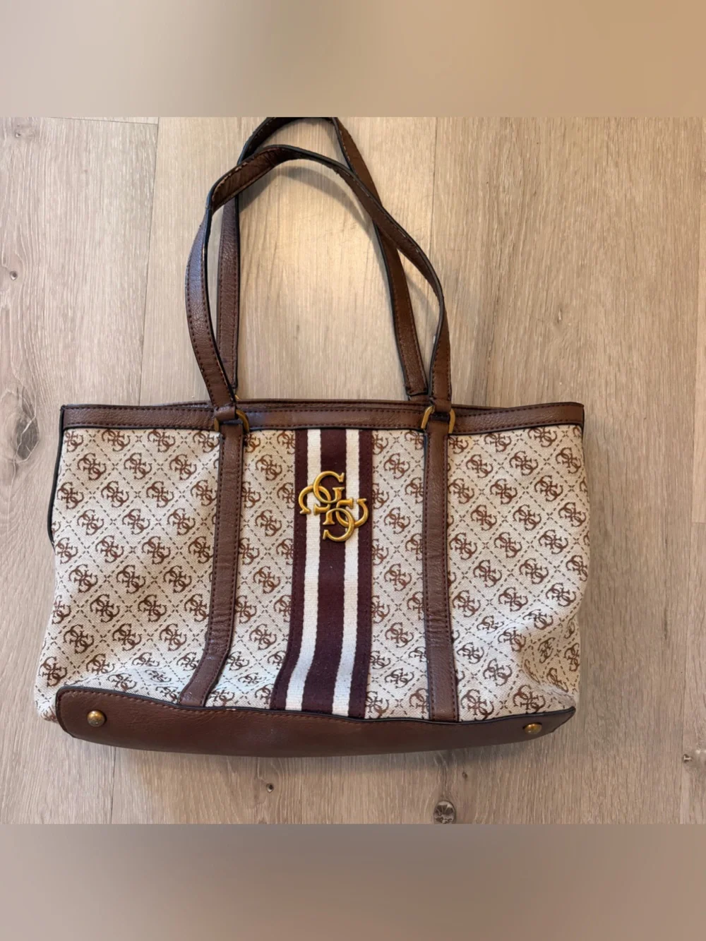 Guess Vintage Monogram Tote Bag - Brown Canvas
